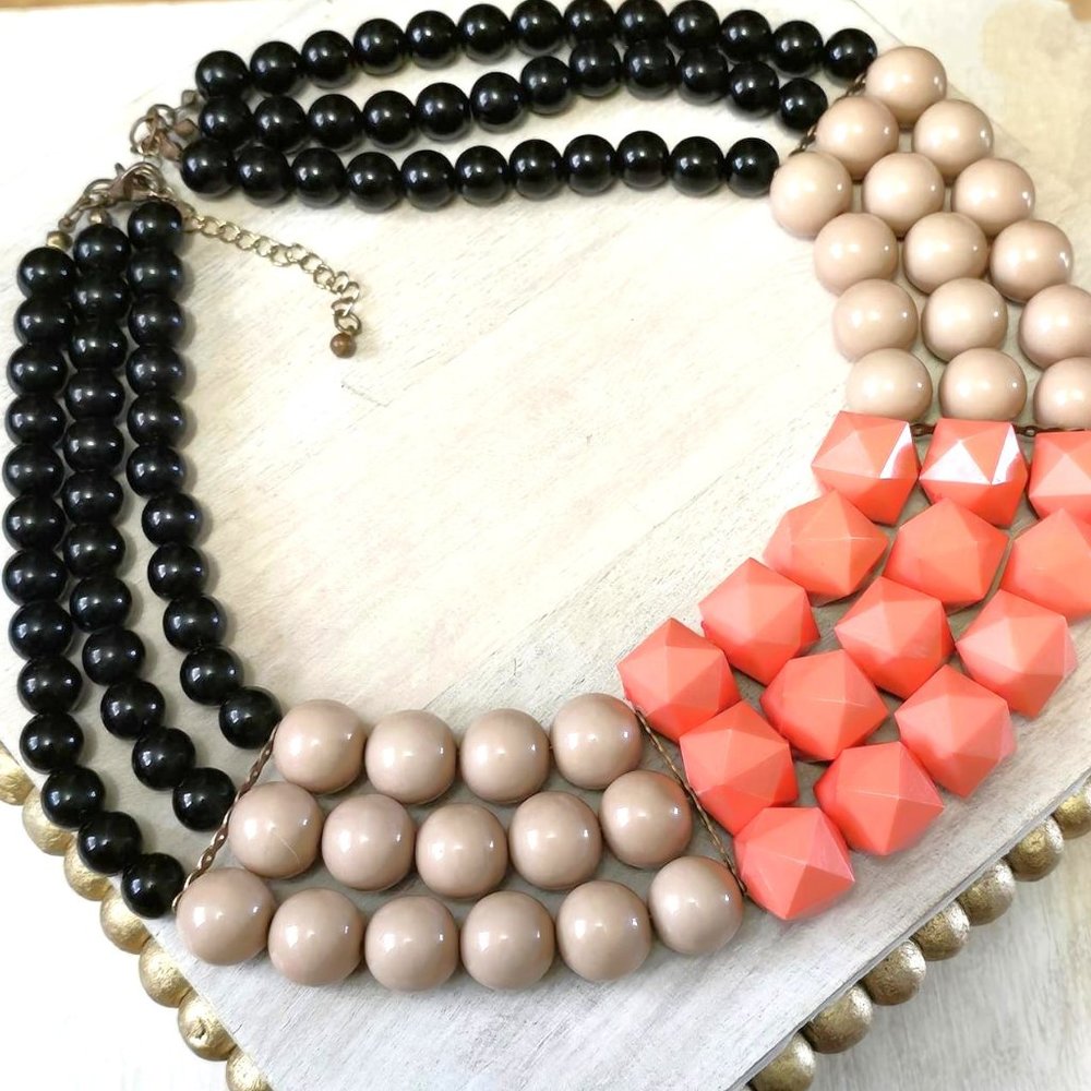 Statement necklace, beaded mutli row necklace, black, beige and coral necklace - Picture 2 of 3